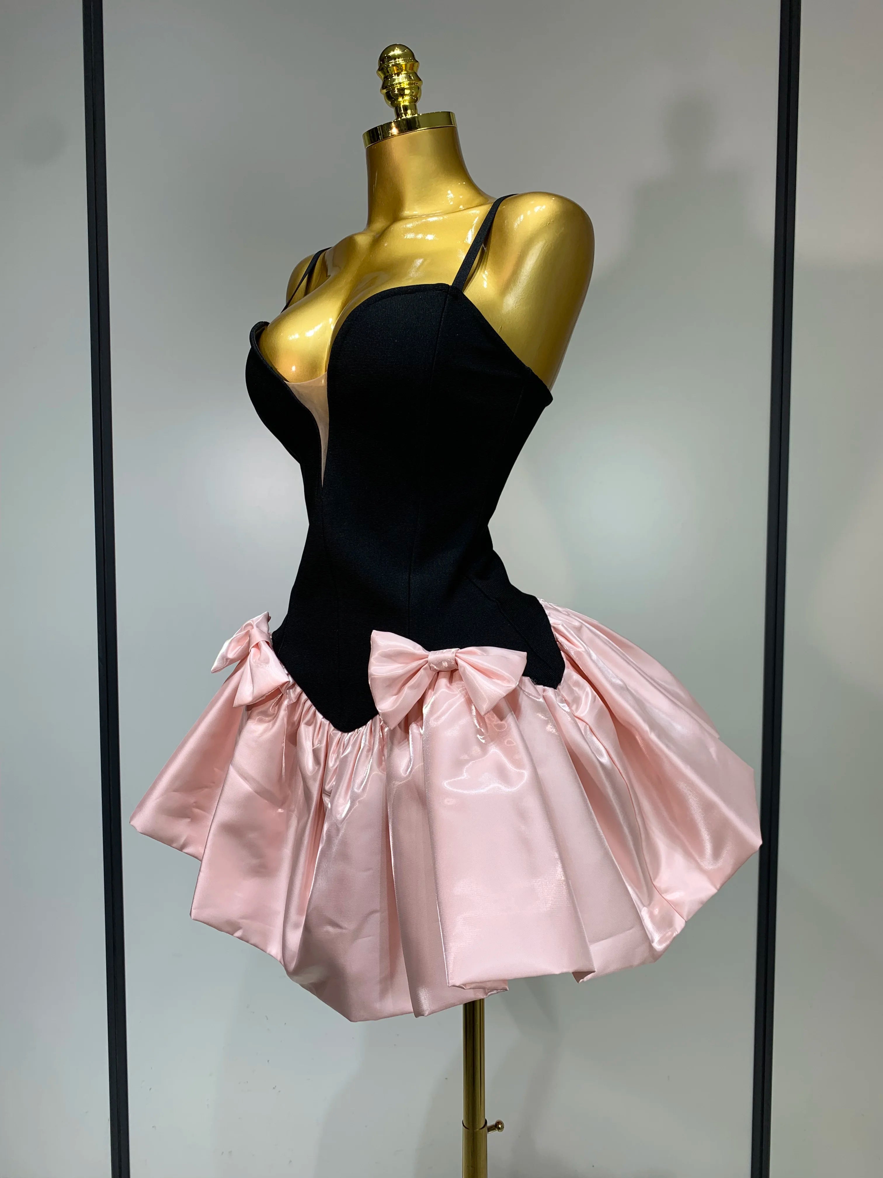 Short Bandage Bow Decoration Bubble A-line Mini Dress