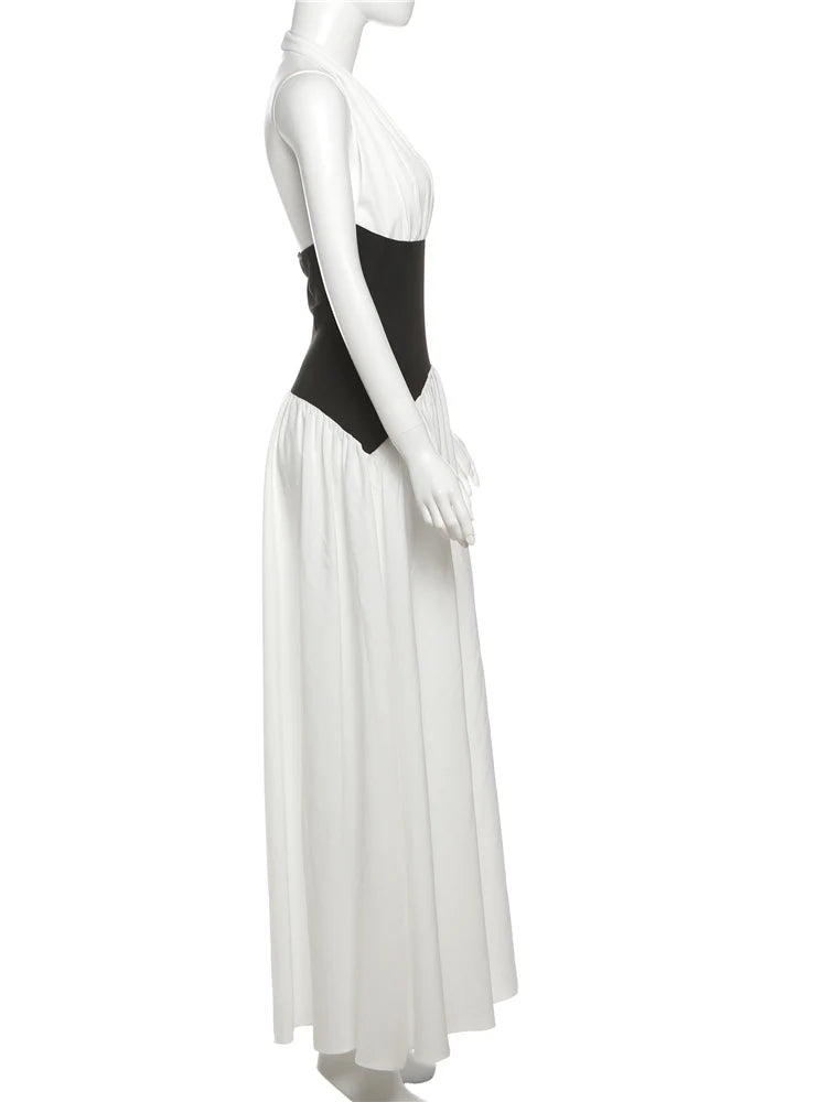 Halter Backless Elegant Patchwork Corset Deep V-Neck Sleeveless Dress