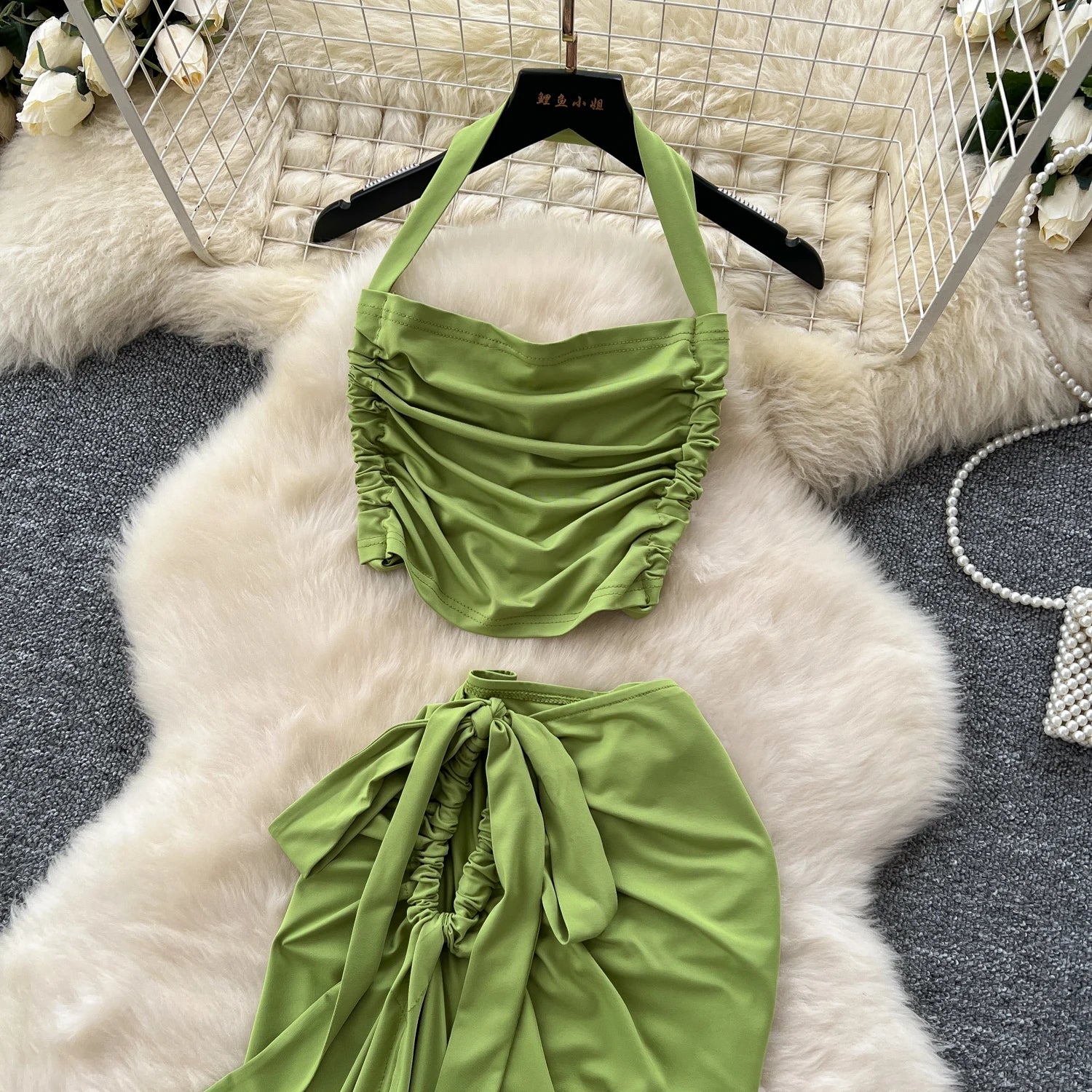 Halter Pleated Backless Top+Lace Up Split Long Skirt Two Pieces Sets