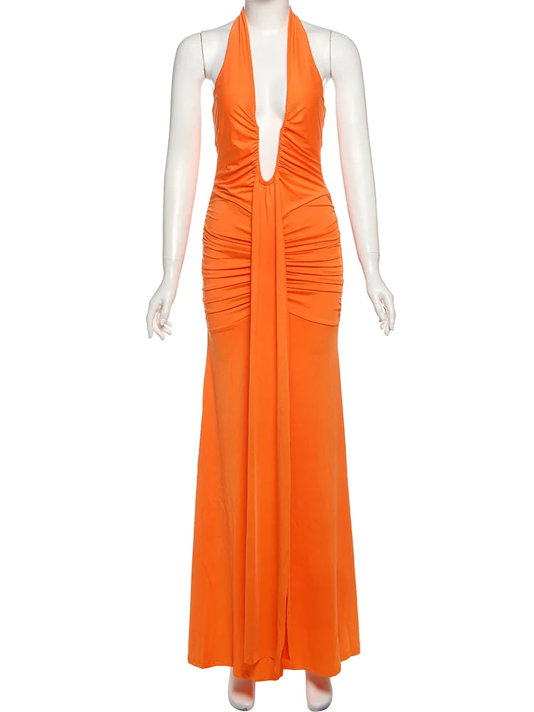 Backless Tassel Pleated Patchwork Halter Sleeveless Dress