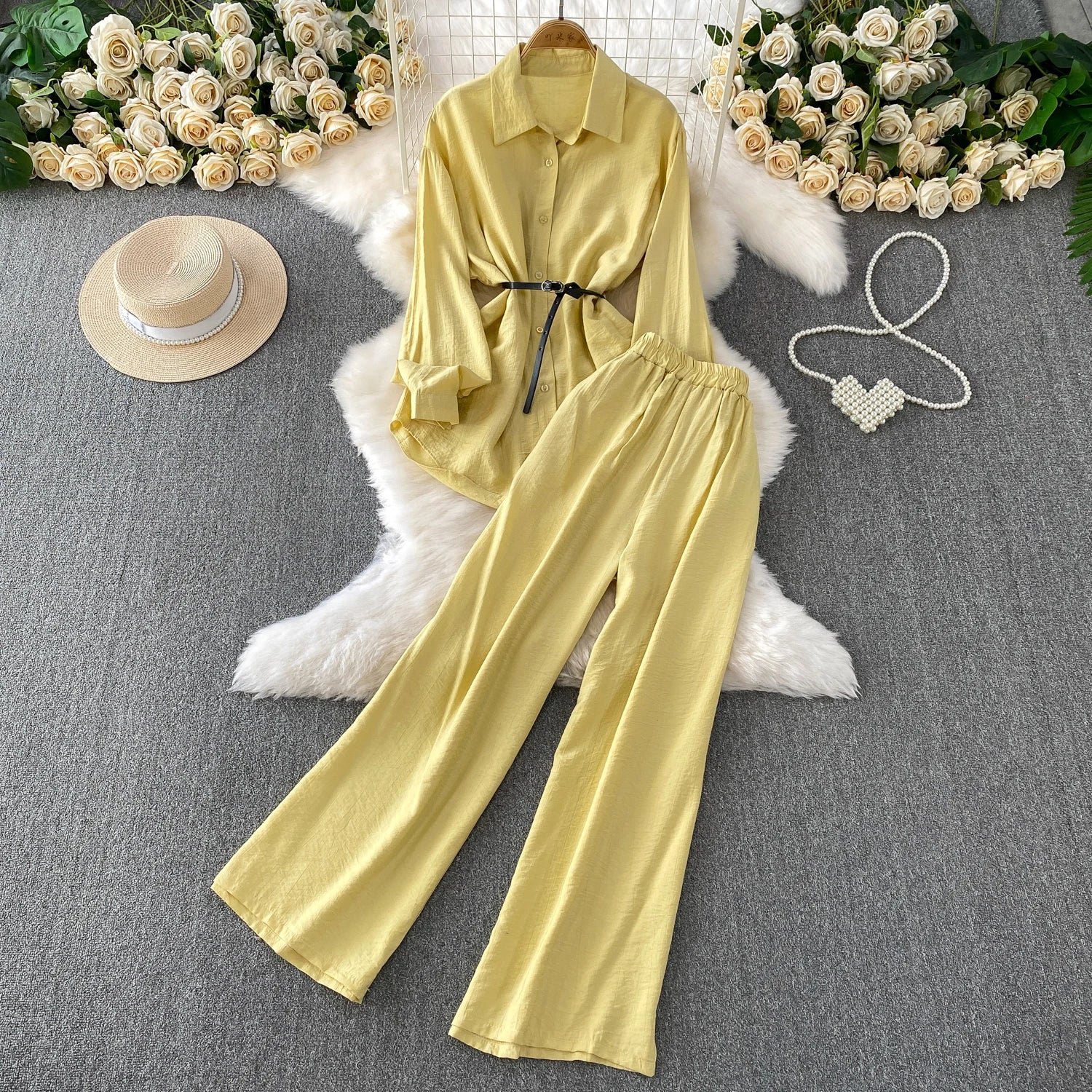 Casual shirt And Wide Leg Pants Two Piece Set