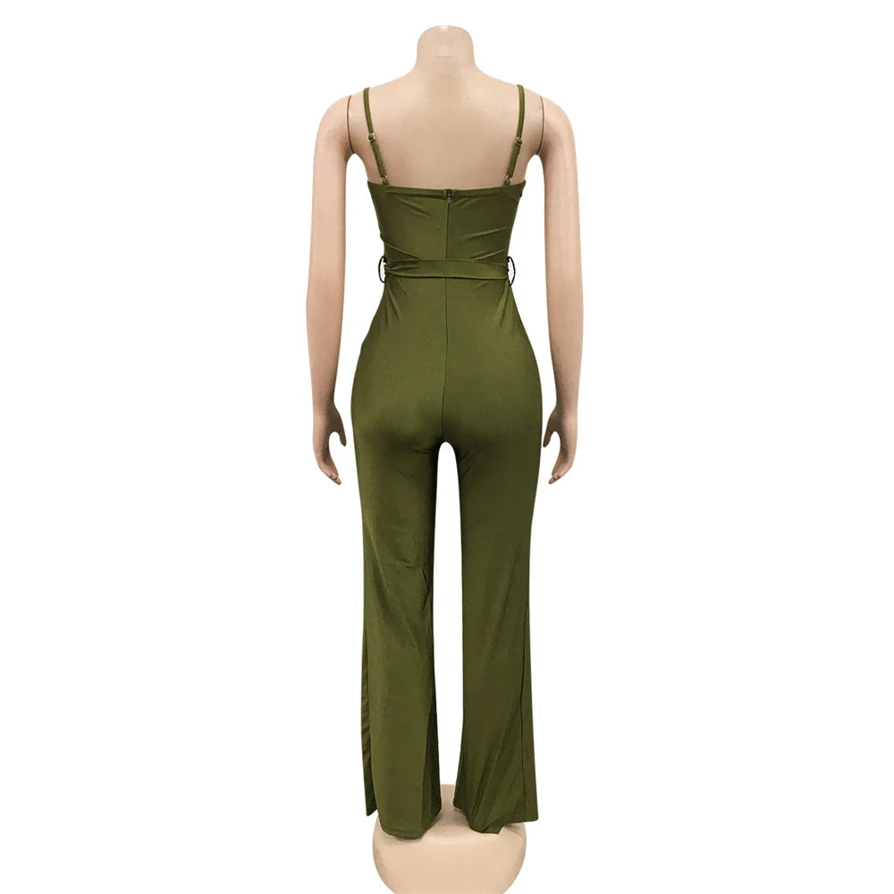 High Waist Wide Leg Pants One Piece Sleeveless Jumpsuit with Belt