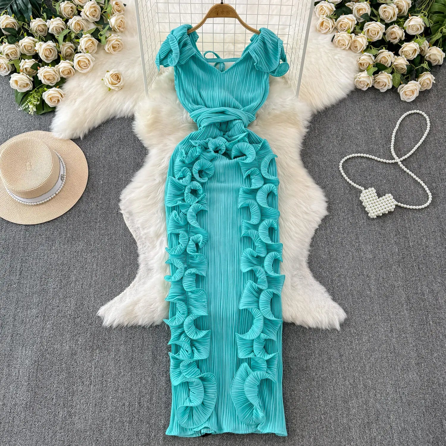 Elegant Pleated Ruffles High Waist Slim Long Dress