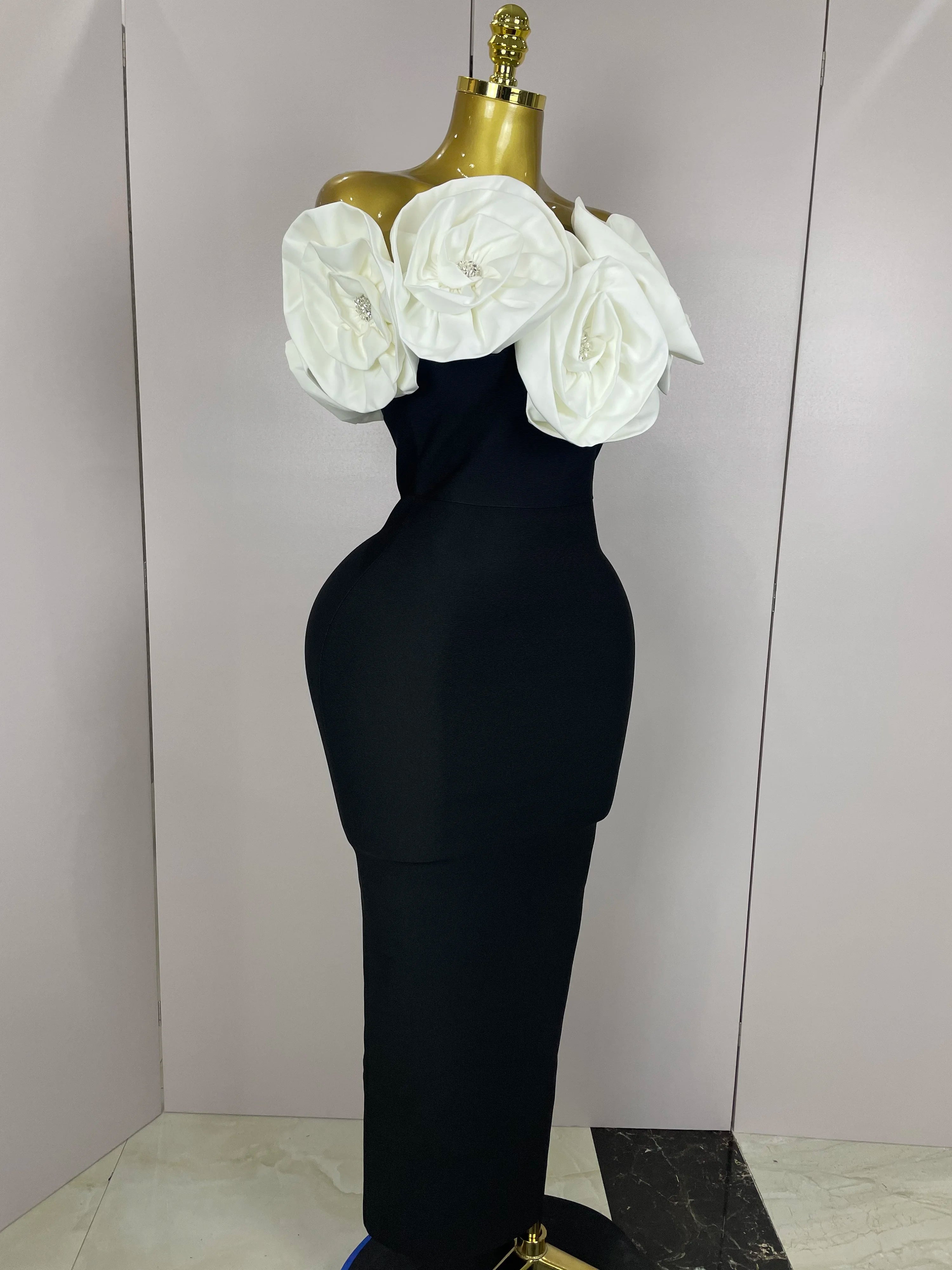 Stereoscopic Flowers Off The Shoulder Ankle Length Bandage Dress
