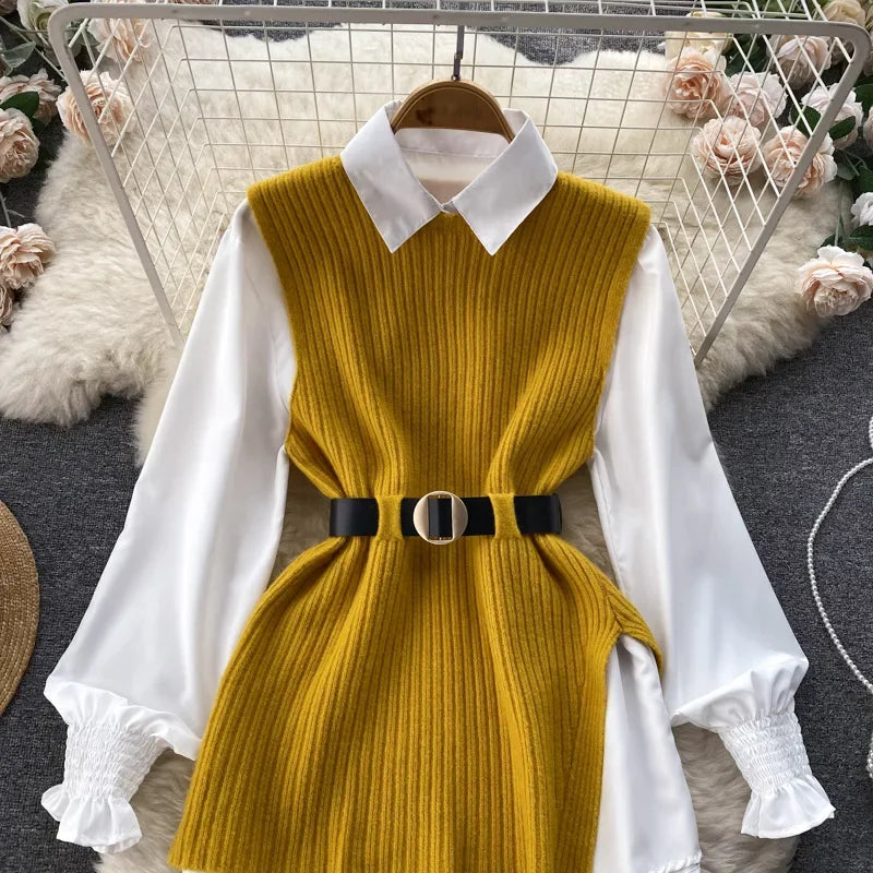 Luxury Style Loose-fit Long Sleeve White Shirt Side Slit Knit Vest 2-piece Set