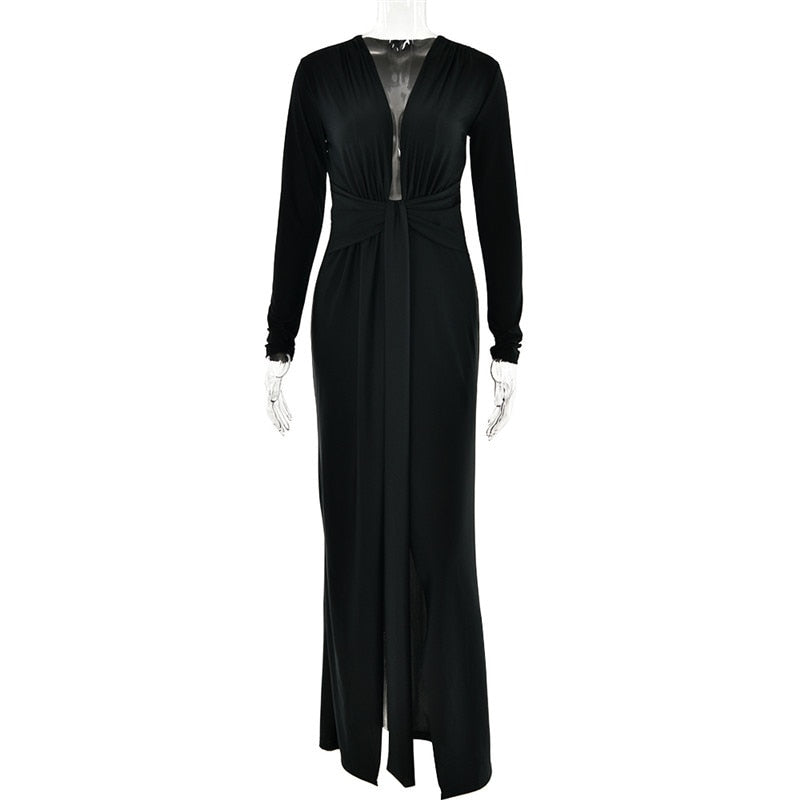 Deep V Neck Long Sleeve Split Maxi Dress