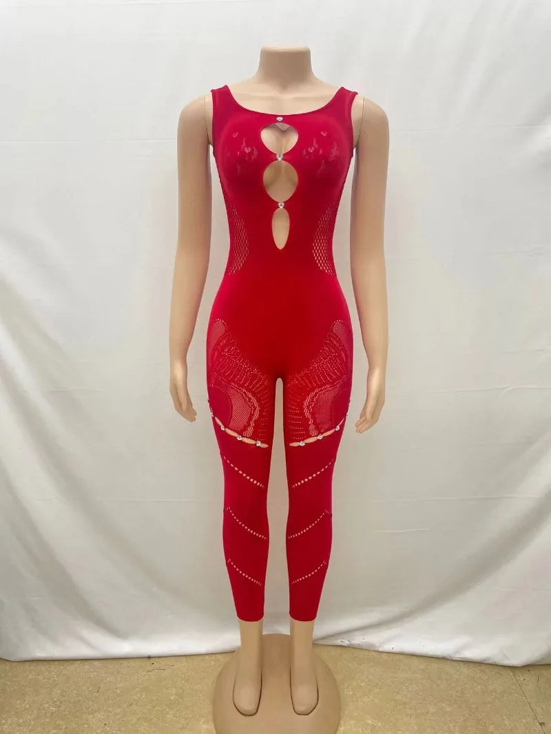 Hollow Out Rhinestones Patchwork Jumpsuit