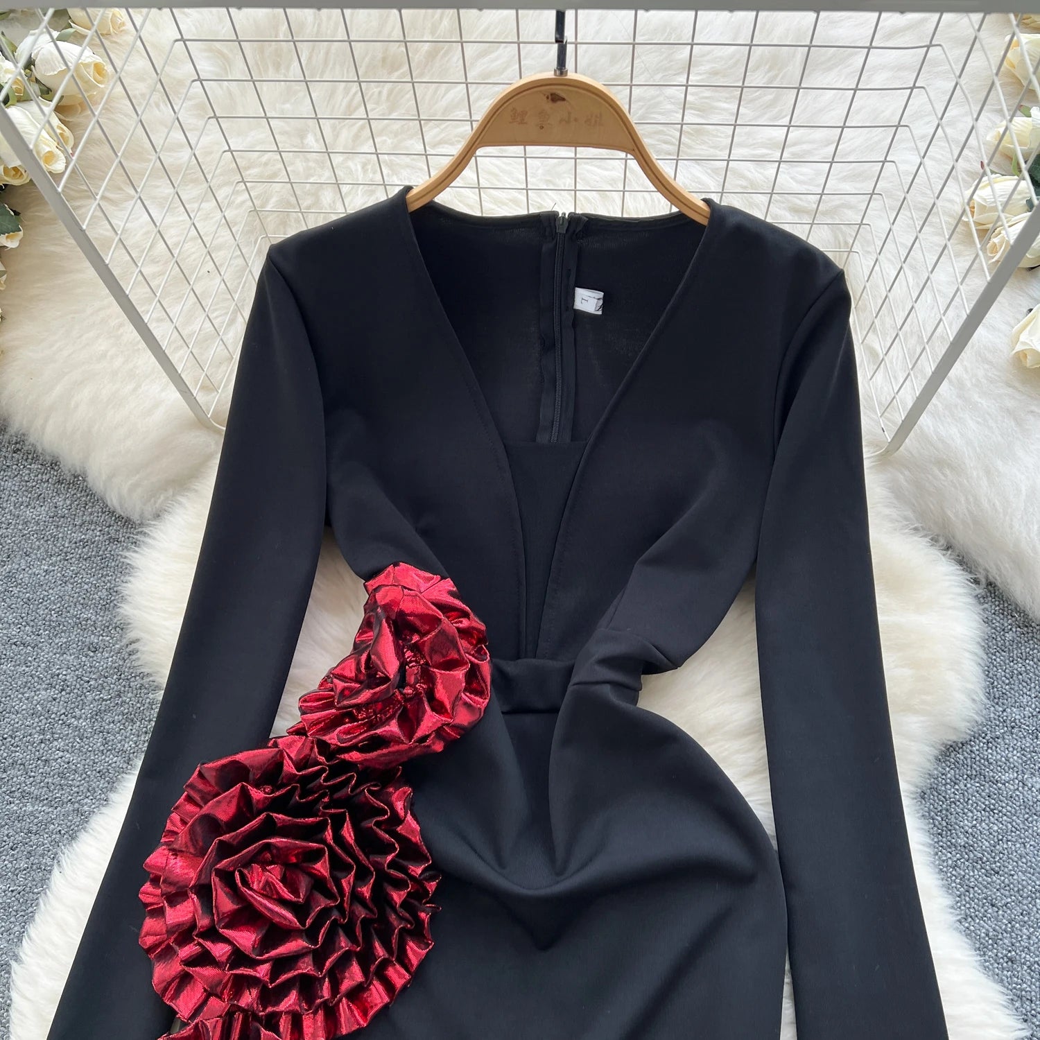 Elegant Three-dimensional floral asymmetrical long sleeve Dress