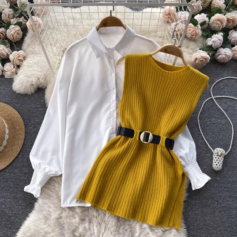 Luxury Style Loose-fit Long Sleeve White Shirt Side Slit Knit Vest 2-piece Set