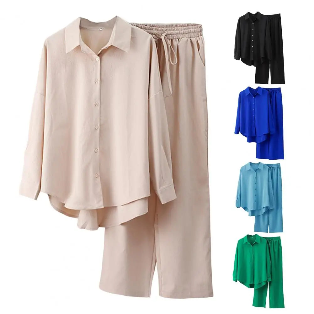 Oversized Lady Shirt Blouse Pants Suit High Waist Slacks Suit Cotton and Linen Shirt Pants Casual Suit