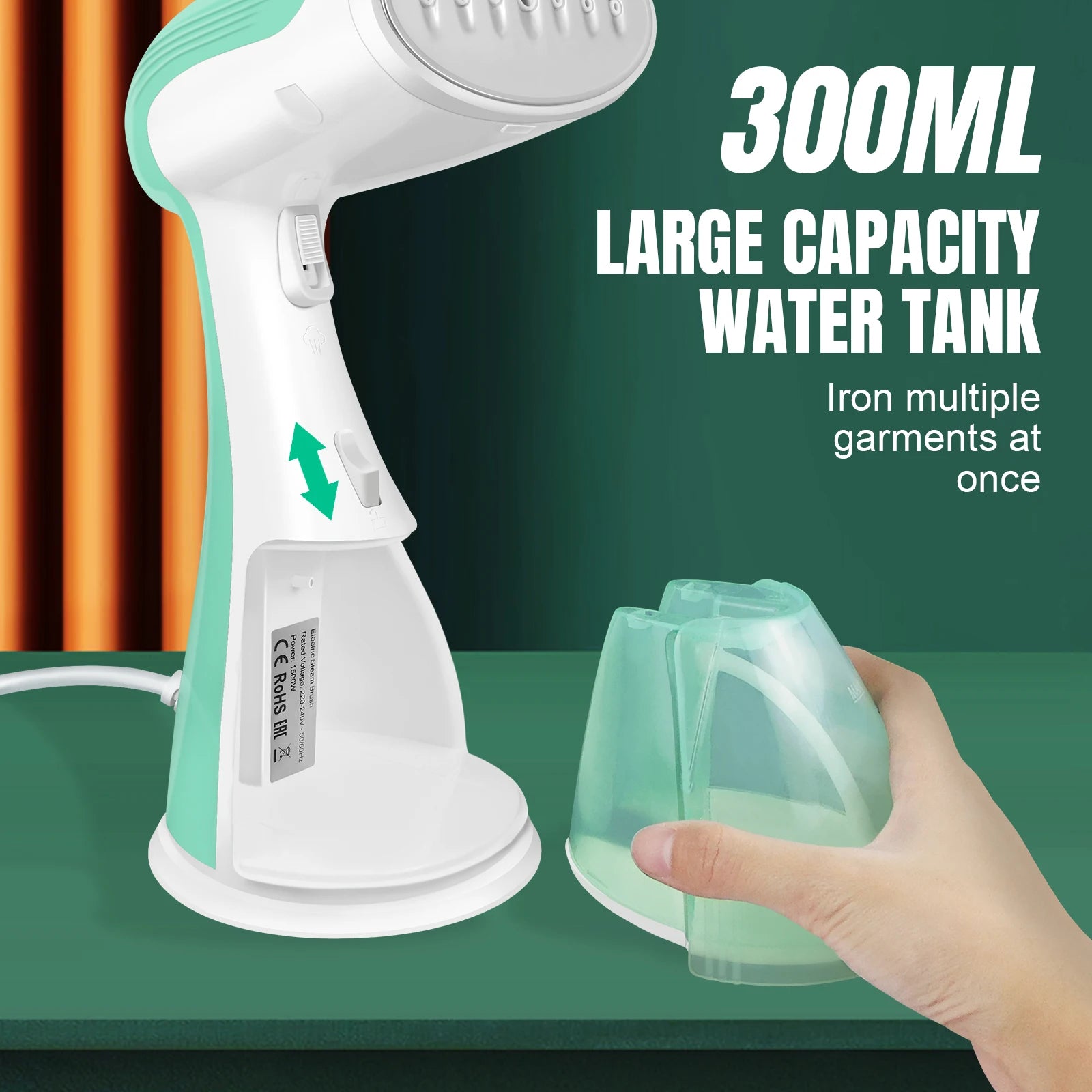 1500W Handheld Clothes Portable Steamer 300ml Water Tank, 30s Fast Heat-up, 27g/min, Stainless Steel Panel,1.5m Cable