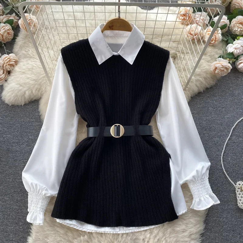 Luxury Style Loose-fit Long Sleeve White Shirt Side Slit Knit Vest 2-piece Set