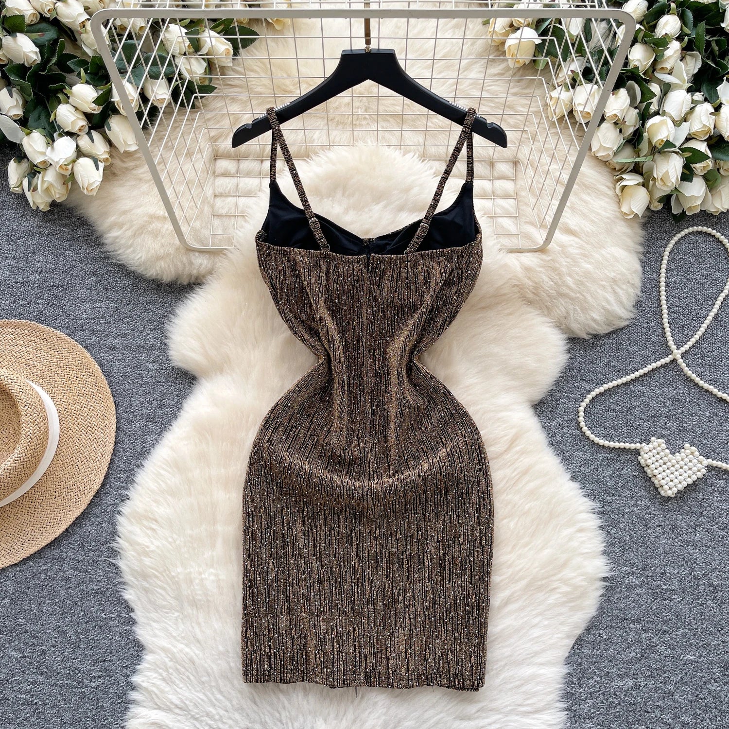 Spaghetti Strap Diamonds Design Backless Dress