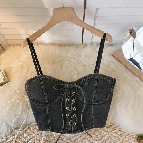 Spaghetti Strap Denim Drawstring Tanks Camis