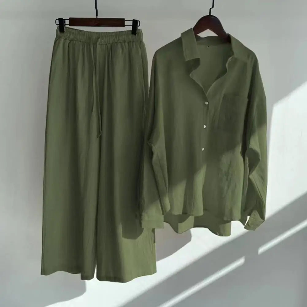 Retro Cotton And Linen Shirt High Waist Pants Slacks Suit Loose Blouse Trousers Suit