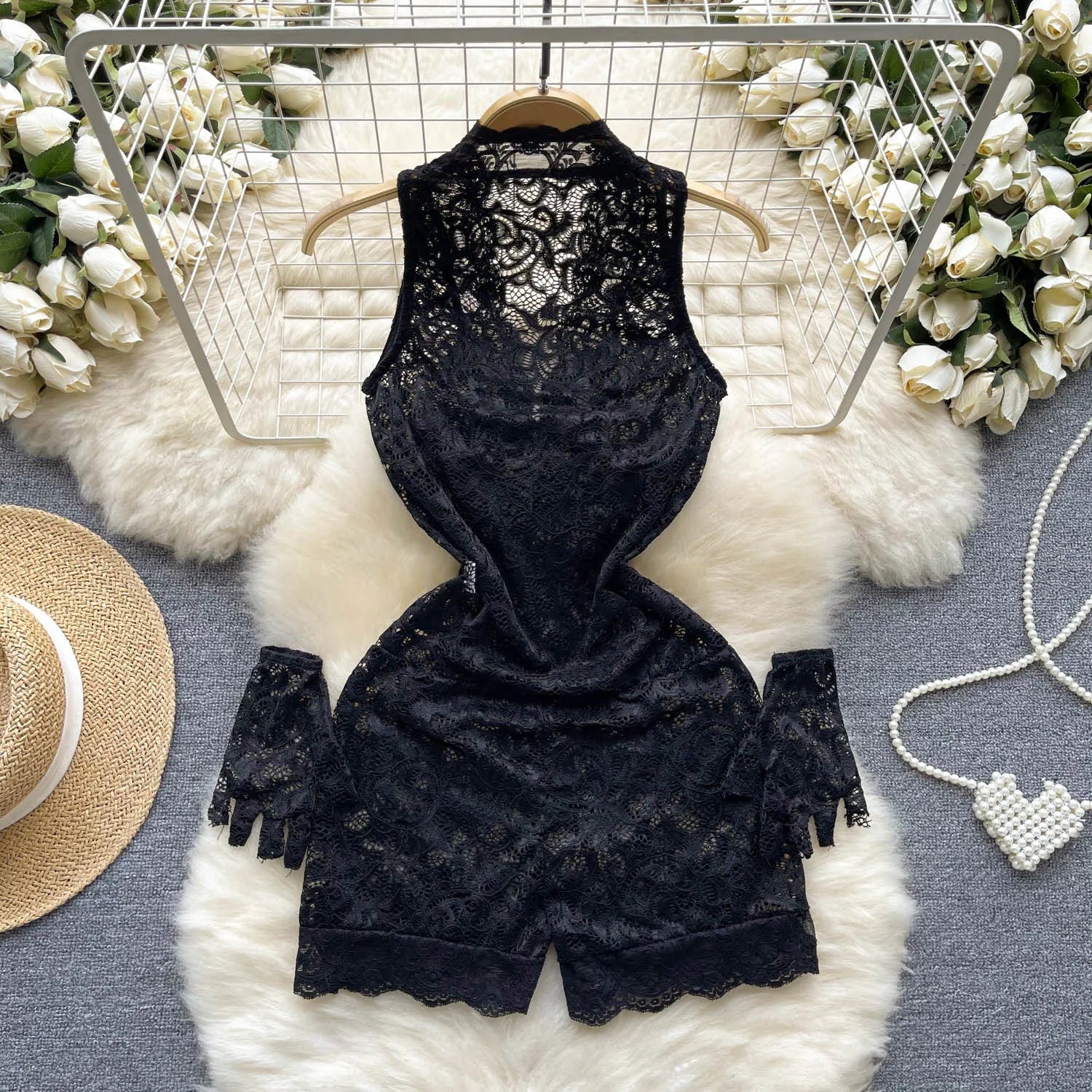 Hollow Out Lace Sleeveless Mesh Playsuit Bodysuit
