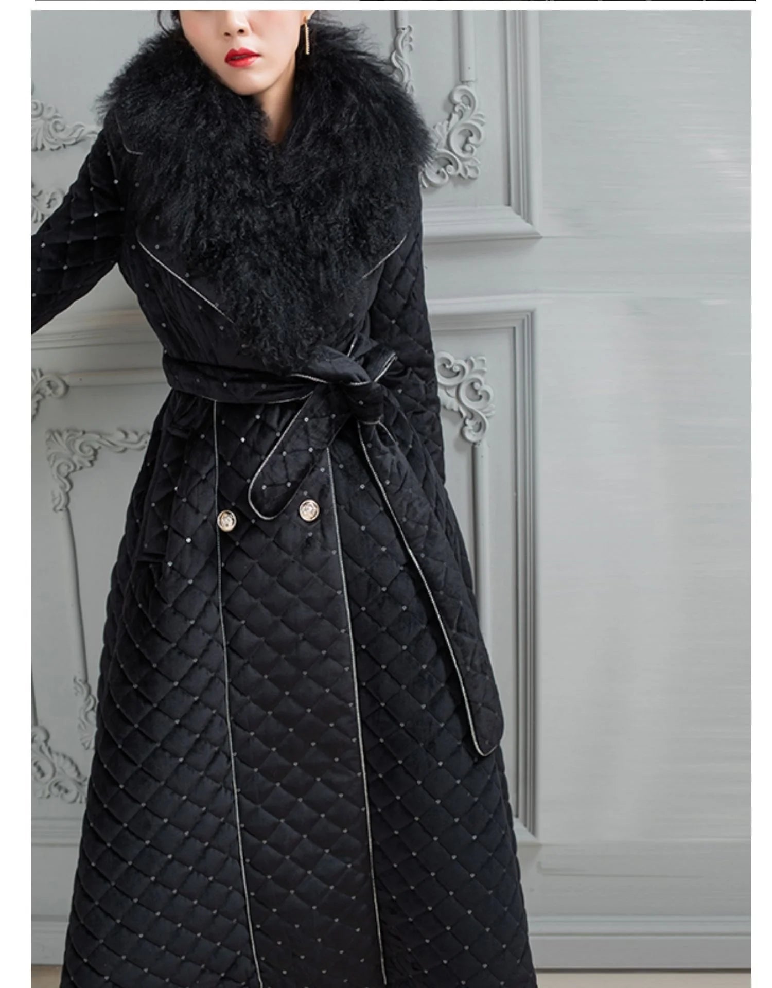 Big Wool Collar Warm Sequin Midi Coat