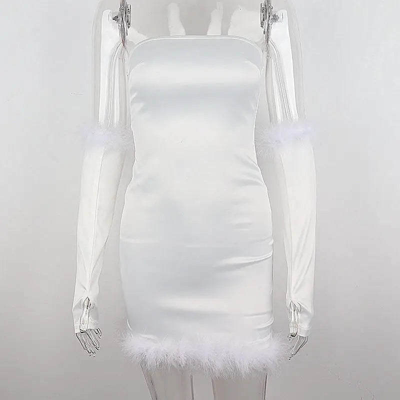 Strapless Bodycon Mini Feather Patchwork Dress with Gloves