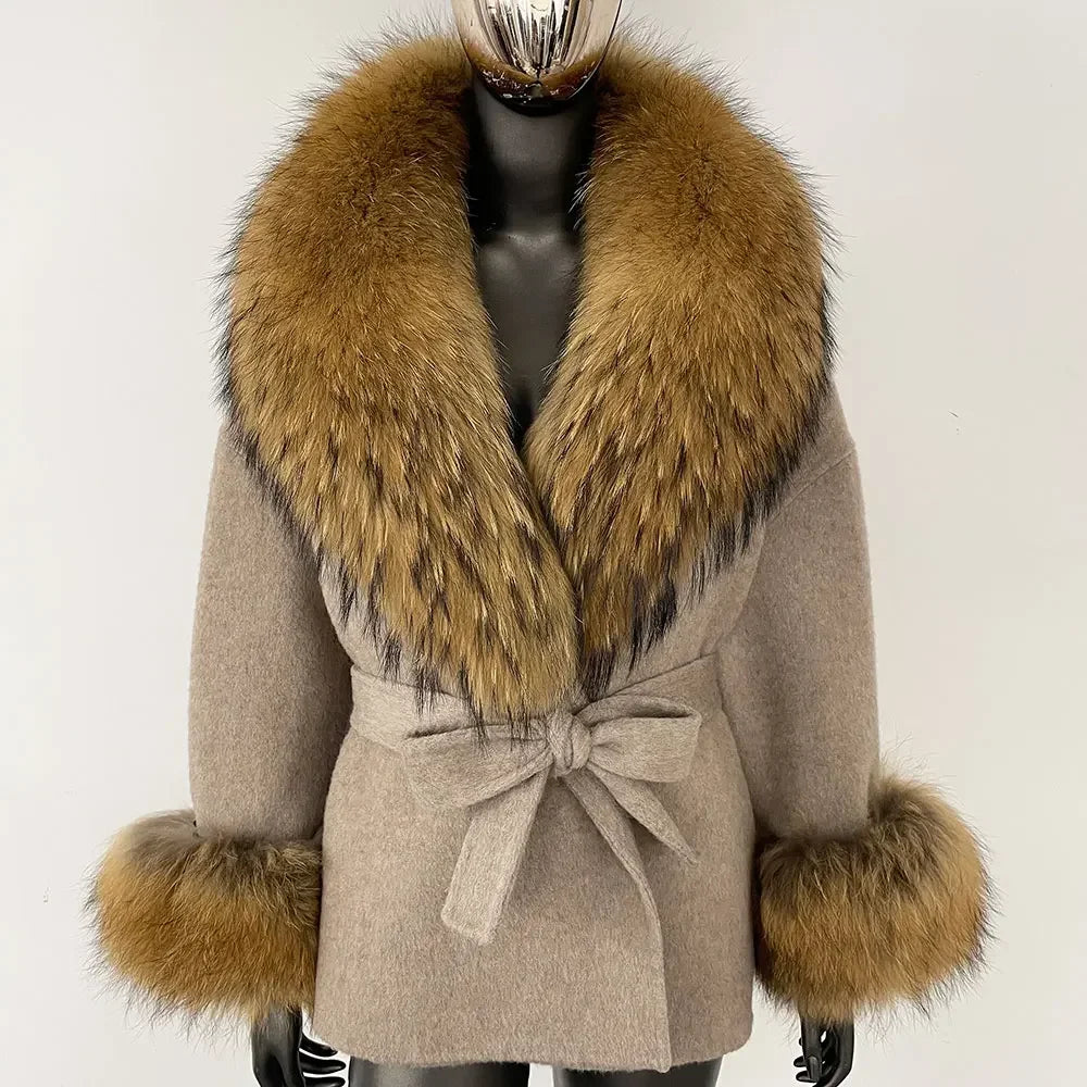 Winter Loose Outerwear Casual Natural Real Raccoon Fox Fur Blends Wool Coat