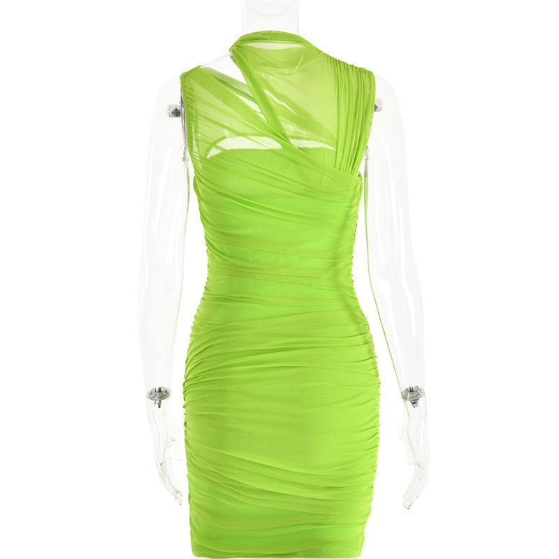 Pleated Mesh Zipper Hollow Out Sleeveless Bodycon Dress