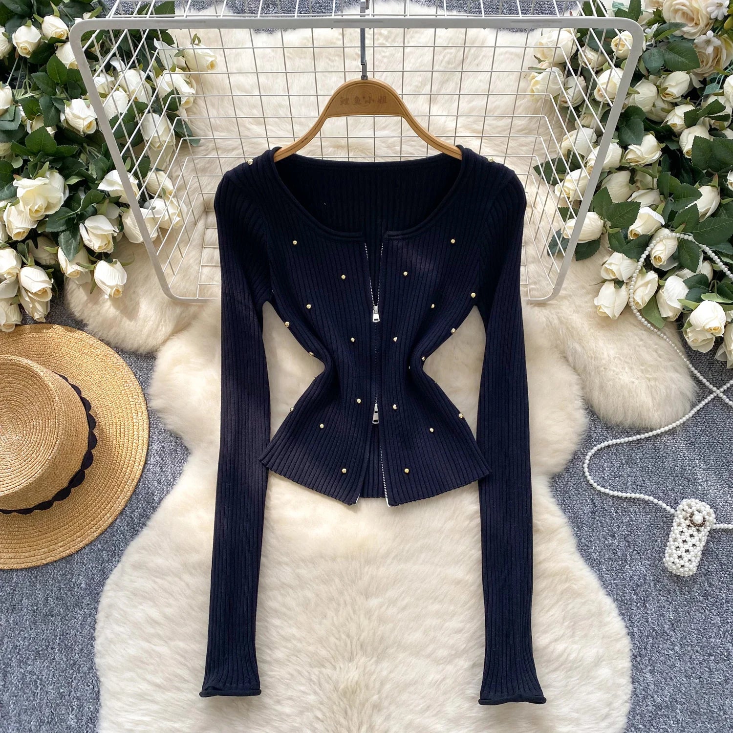 Slim Pullovers Beadings Zippers Short Knitted Skinny Tops