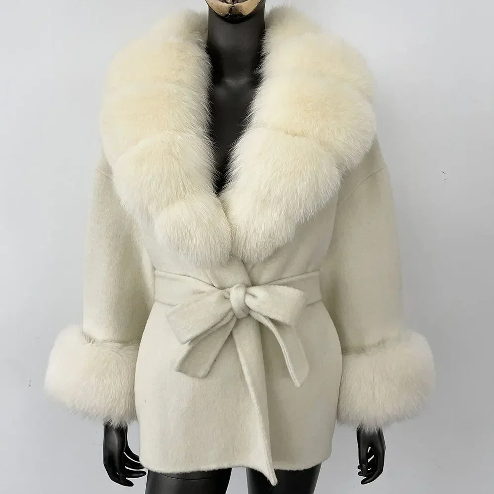 Winter Loose Outerwear Casual Natural Real Raccoon Fox Fur Blends Wool Coat
