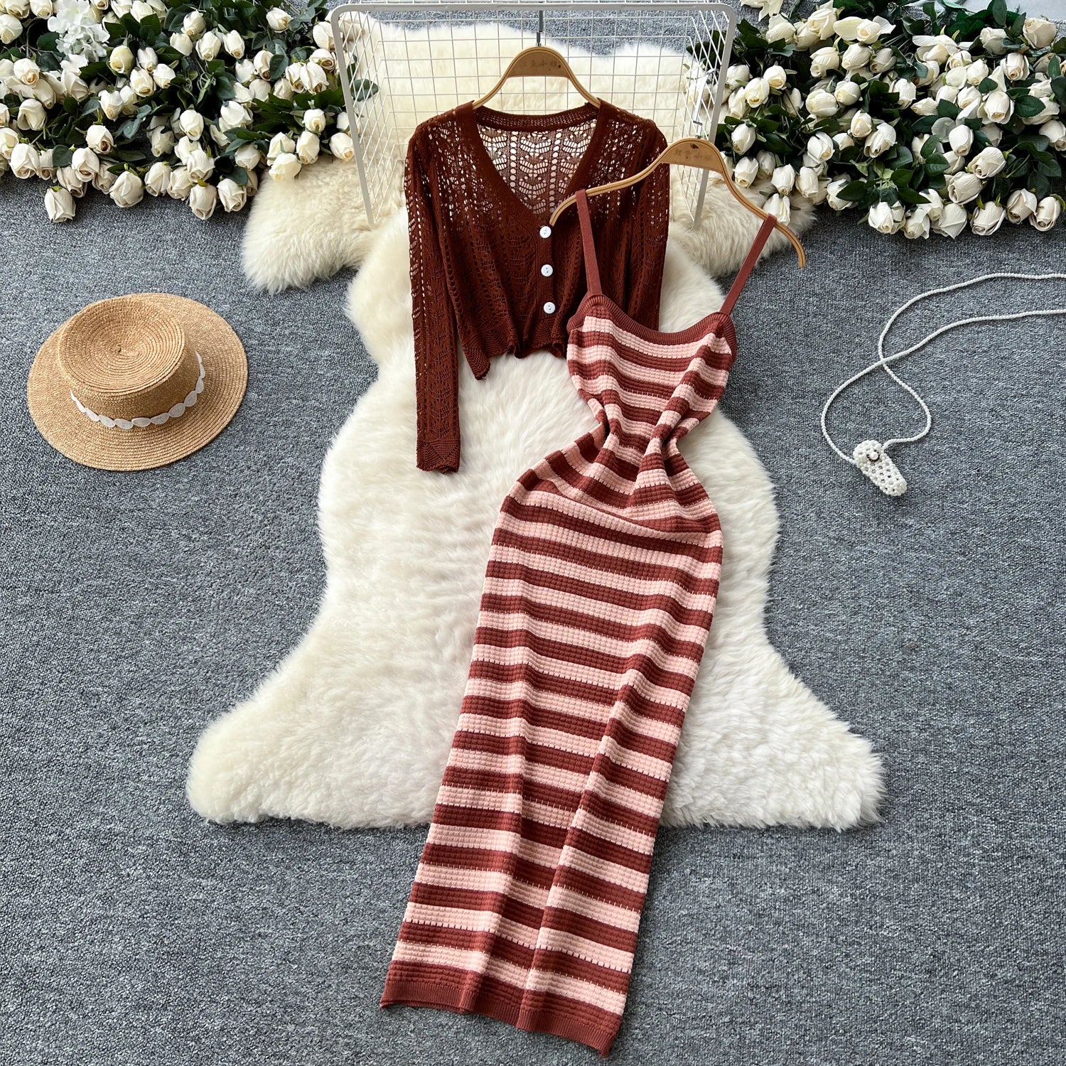 Two piece set Hook flower hollow striped Two Piece Set