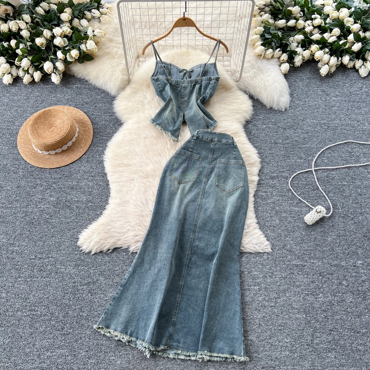 Vintage Lace Up Strapless Top And Skirt Demin Set