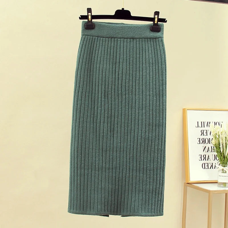 Stylish Knitted Slim Elastic High Waist Split Wrap Skirt Autumn Winter Skirts