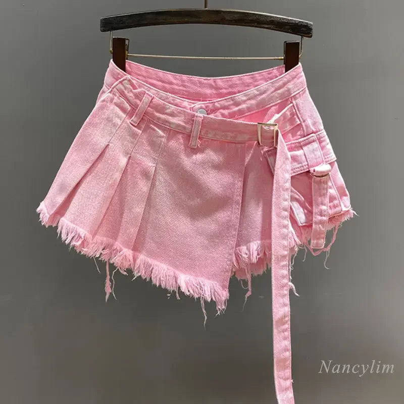 Irregular Pink Denim High A- Line Short Mini Skirts