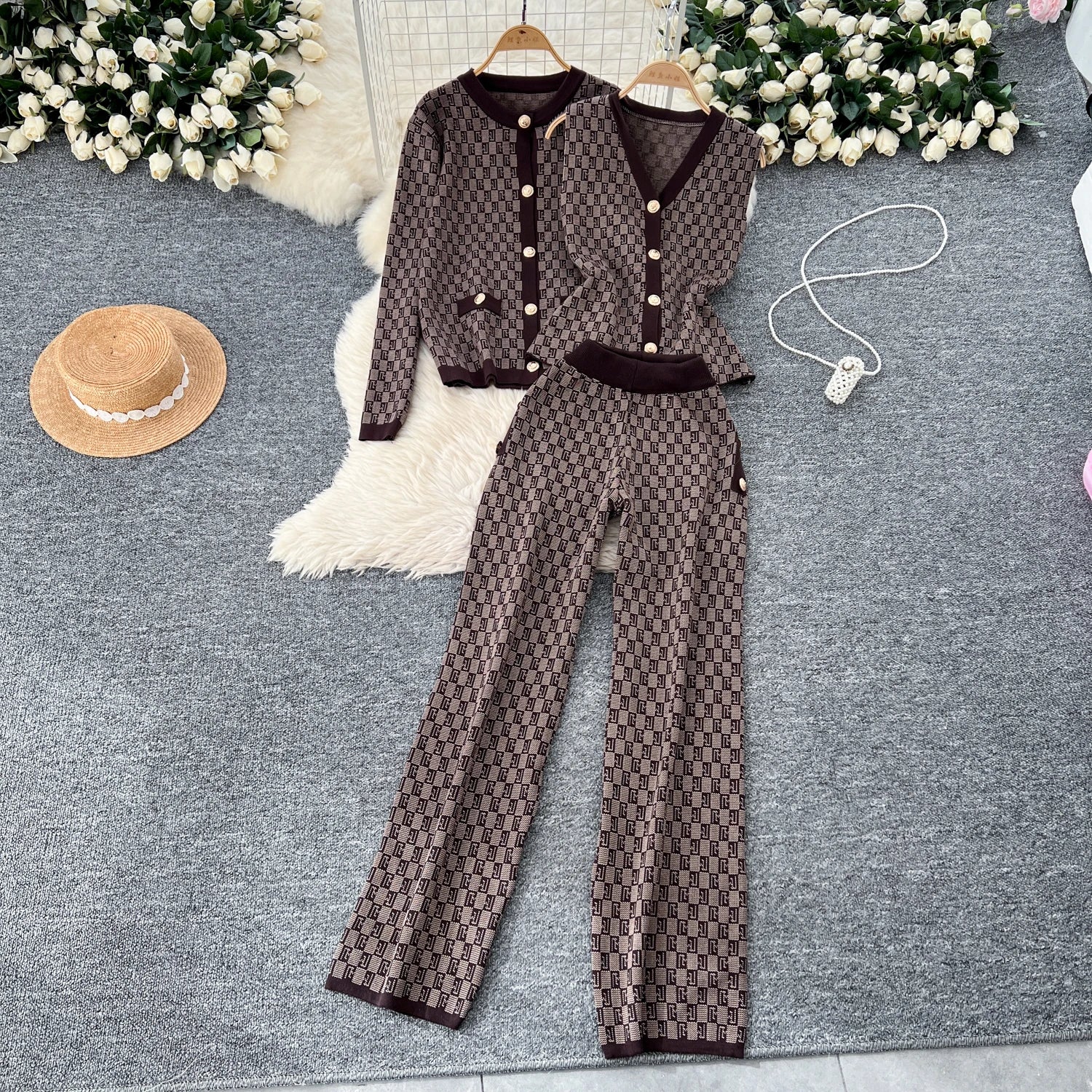 Three Piece Plaid Print Sweater Suits Knit Cardigans+Elastic Long Pants