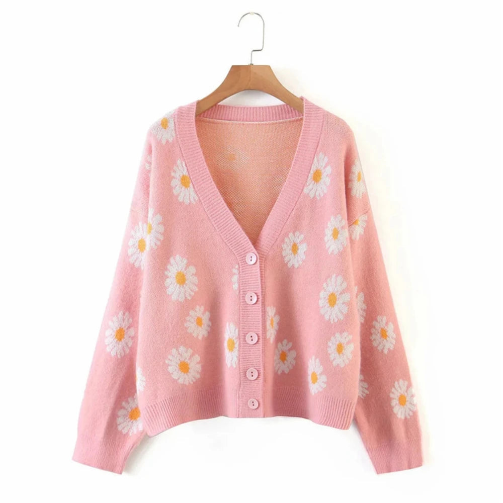 Fashion Print Soft Full Sleeve Floral Single Little Daisy V-Neck Pull Oversize Cardigan