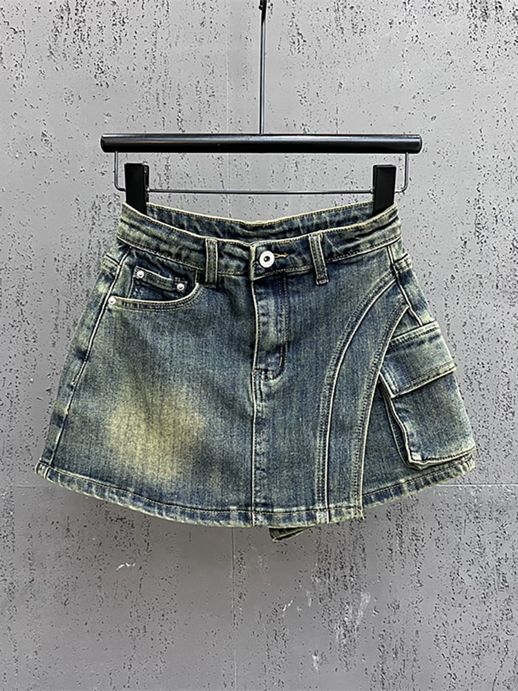 Denim Big Pockets Cargo High Waist Short A-line Mini Skirt