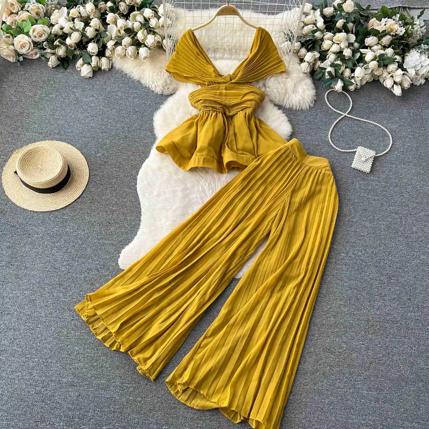 High End Elegant Pleated Sleeveless Chiffon Top+High Waist Wide Leg Pants Two Piece Set