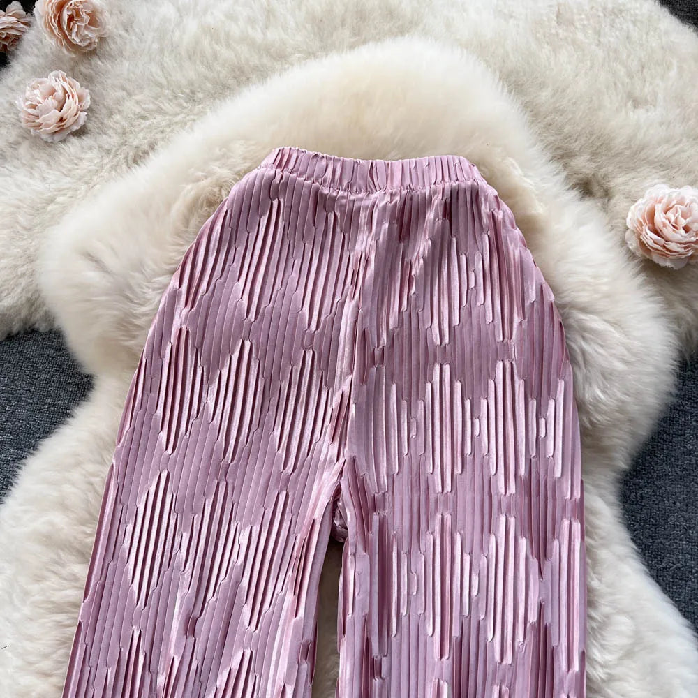 Pleated Vintage Striped Long High Waist Wide Leg Trousers