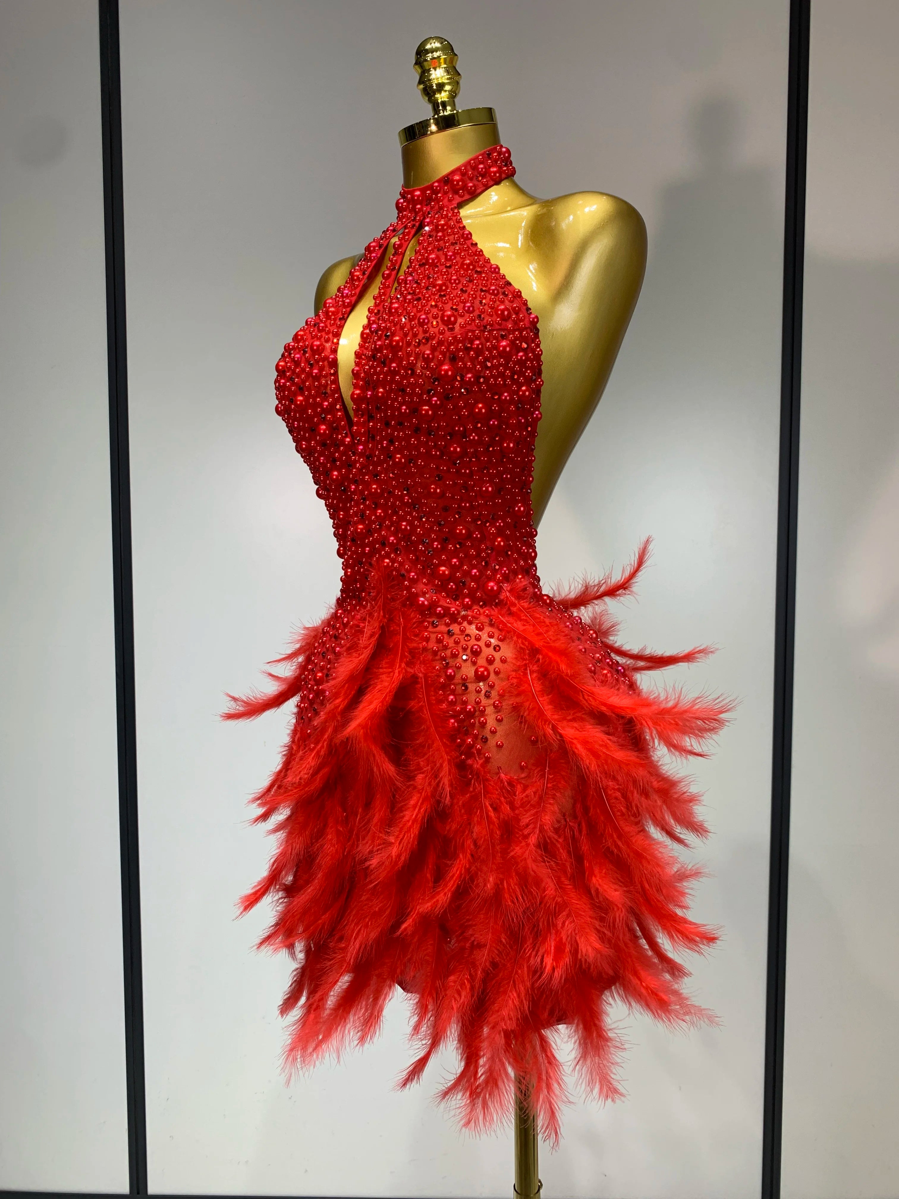 Luxury Rhinestones Pearls Halter Backless Short Feathers Dress