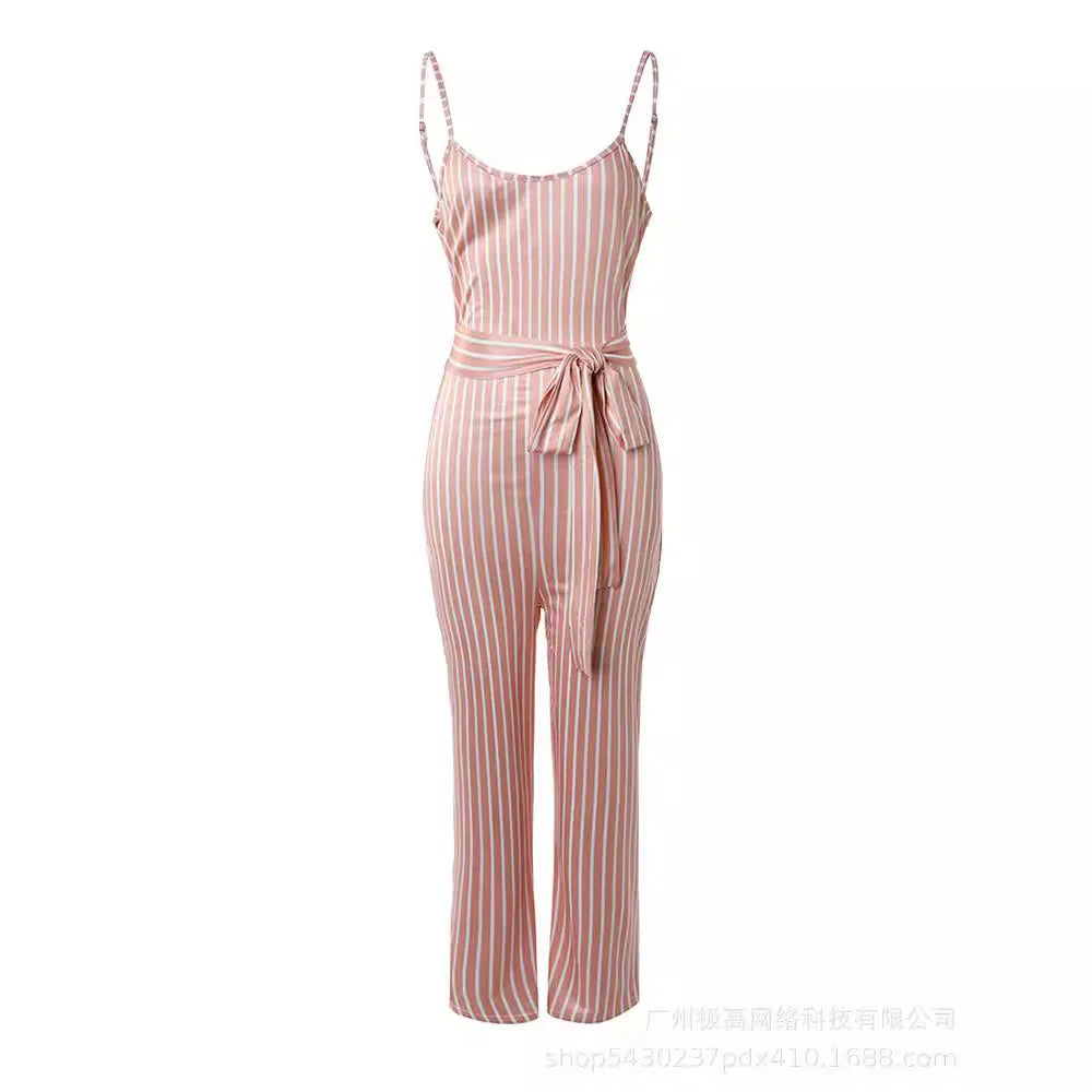 Elegant Casual Striped Printed Spaghetti Strap Tie Details Mid Waisted jumpsuit