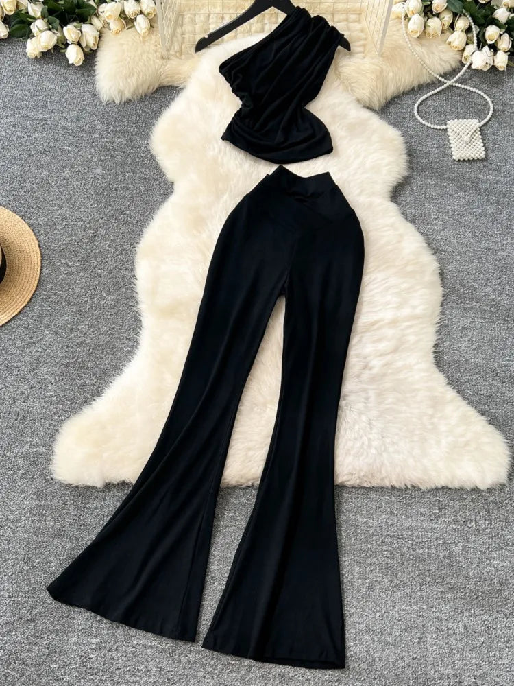 Two Pieces Sets Elegant Chic Skew Collar Pleated Tops + High Waist Flare Casual Pants  Outfits