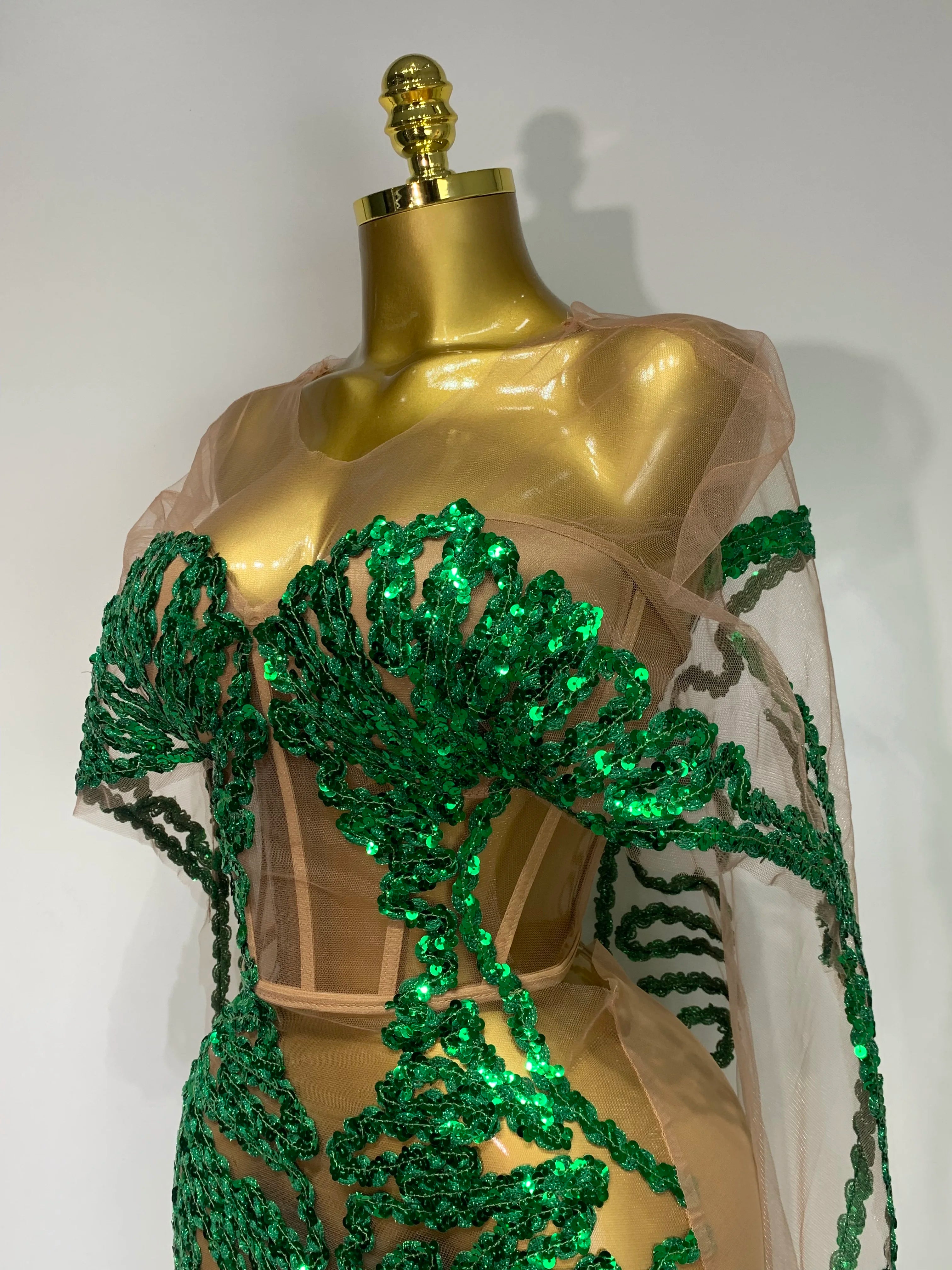 See Through Mesh Sparkly Green Sequins Party Dress