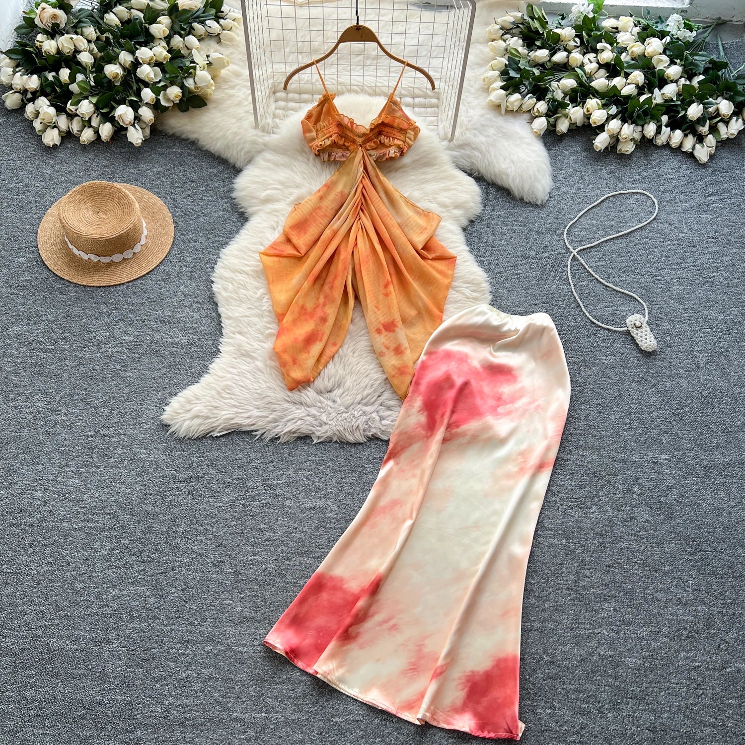 Backless Irregular Chic Tops+Skinny Satin Long Skirt Two Piece Set