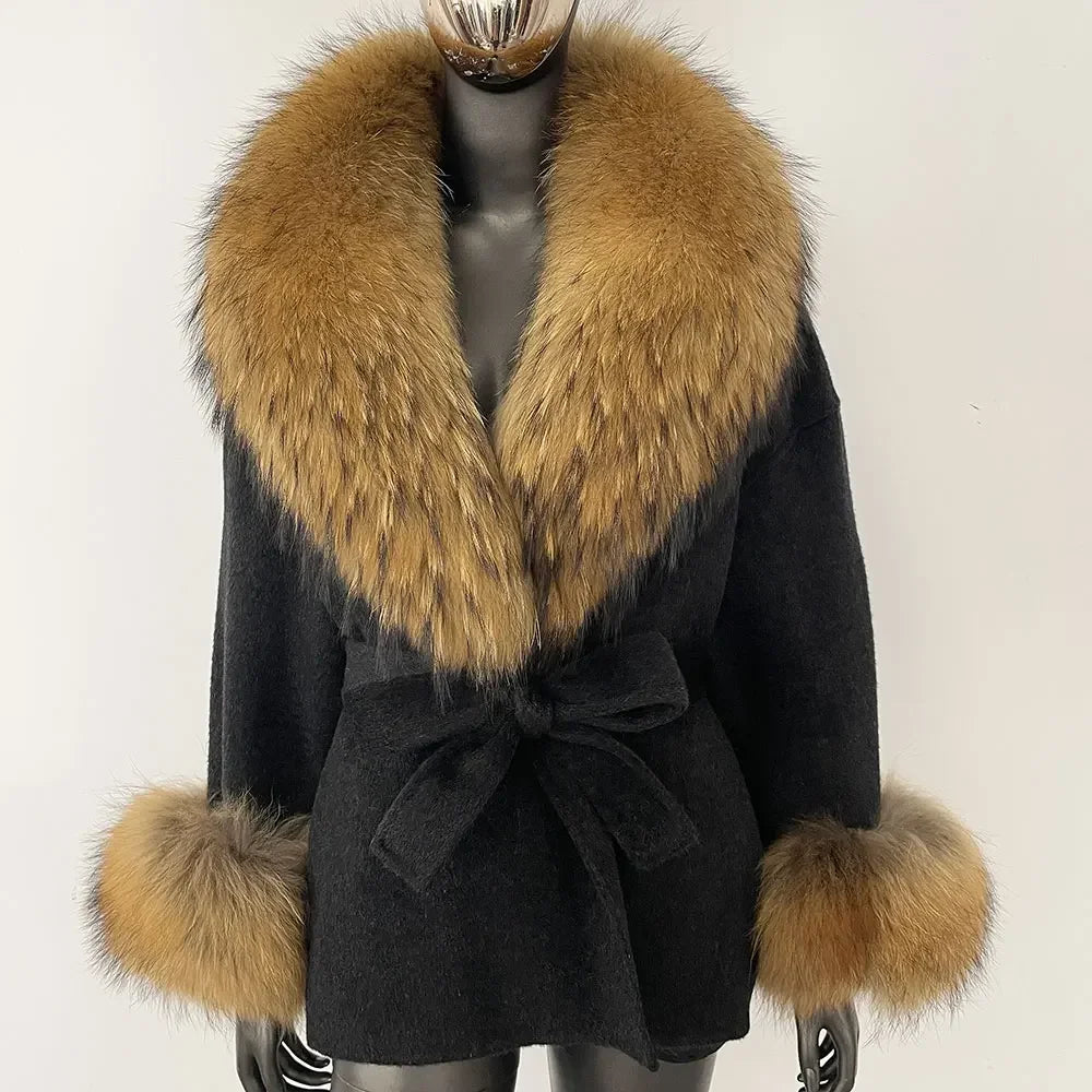 Winter Loose Outerwear Casual Natural Real Raccoon Fox Fur Blends Wool Coat