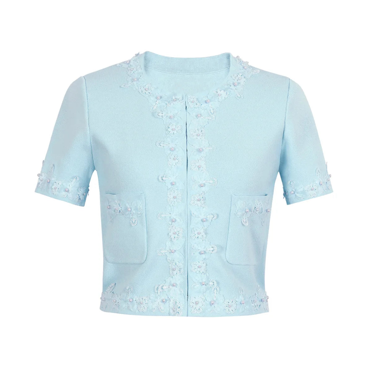 French Elegant Beaded Flower Short Sleeve Knitted Tops High Waist Slim Fit Bodycon Skirts Two-Piece Set