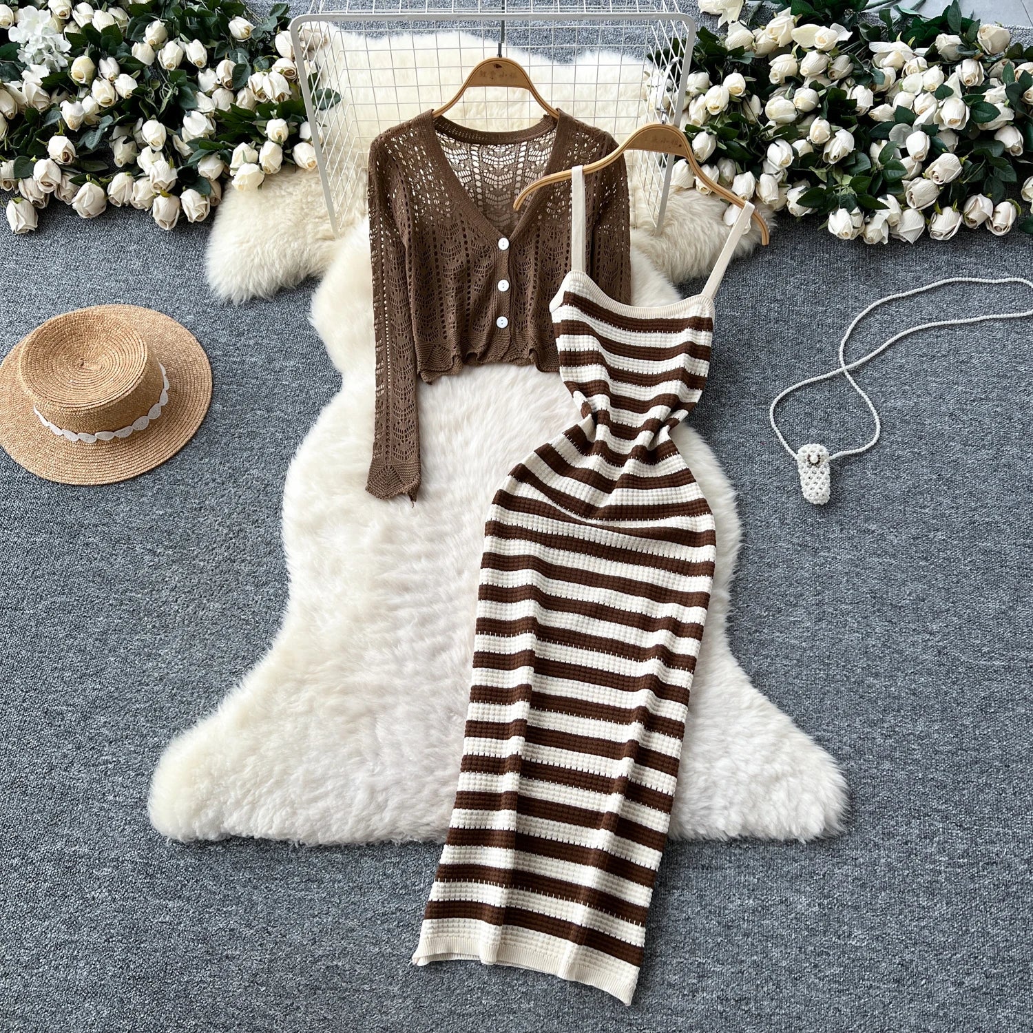 Two piece set Hook flower hollow striped Two Piece Set