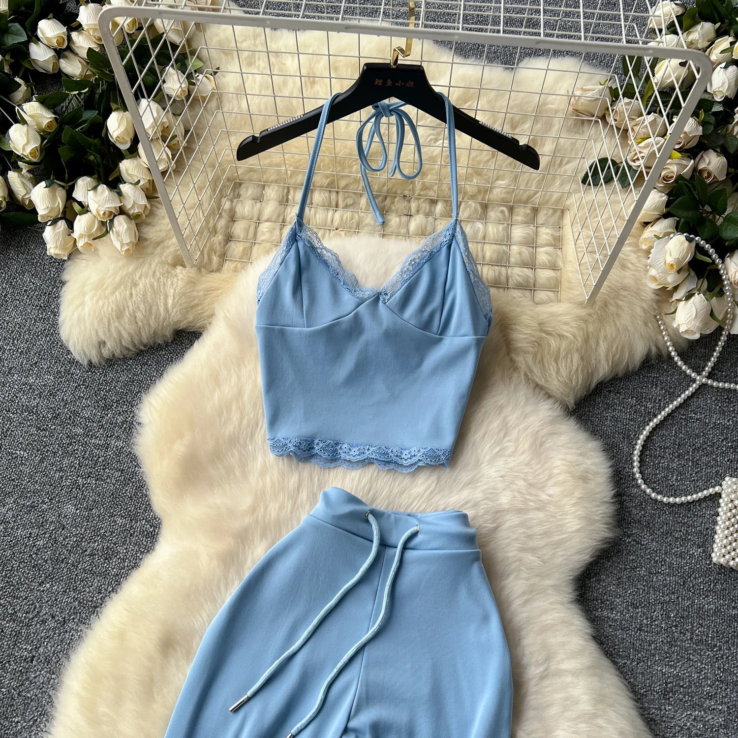 Lace Up Halter Mini Tank Tops+Drawstring High Waist Basic Pants Suits