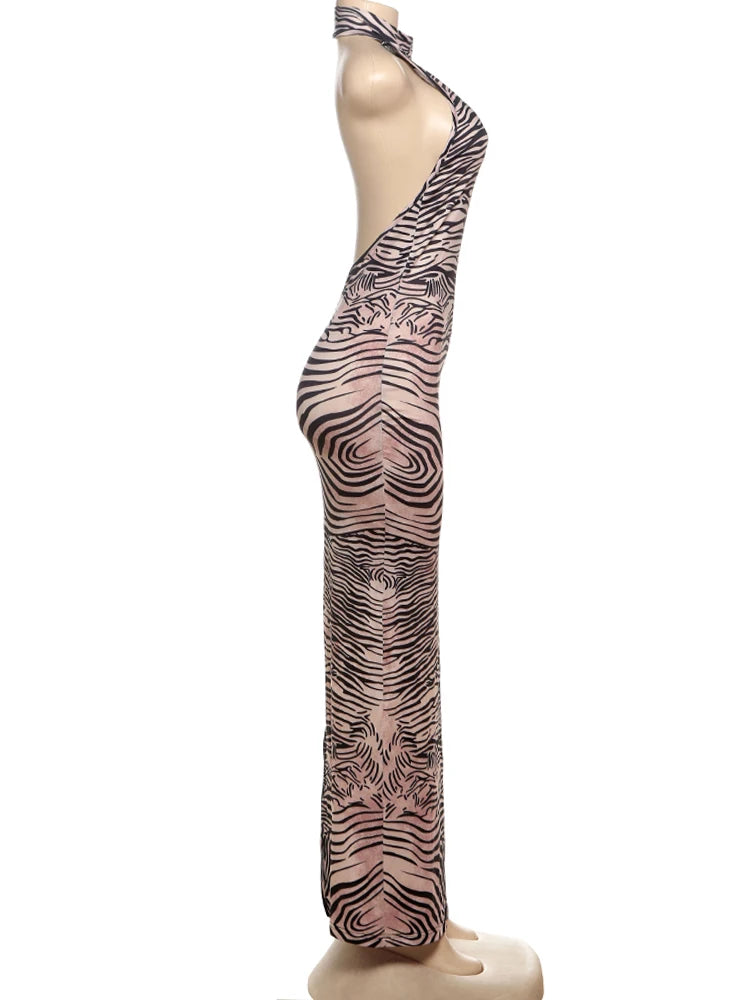 Tiger Stripes Y2K Tight Stretch Backless Split Sleeveless Dress