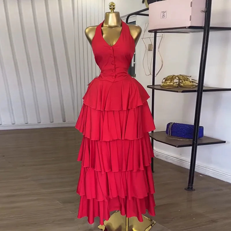 Sleeveless Vest Tops and Pleated Tiered Skirts Two Piece Set