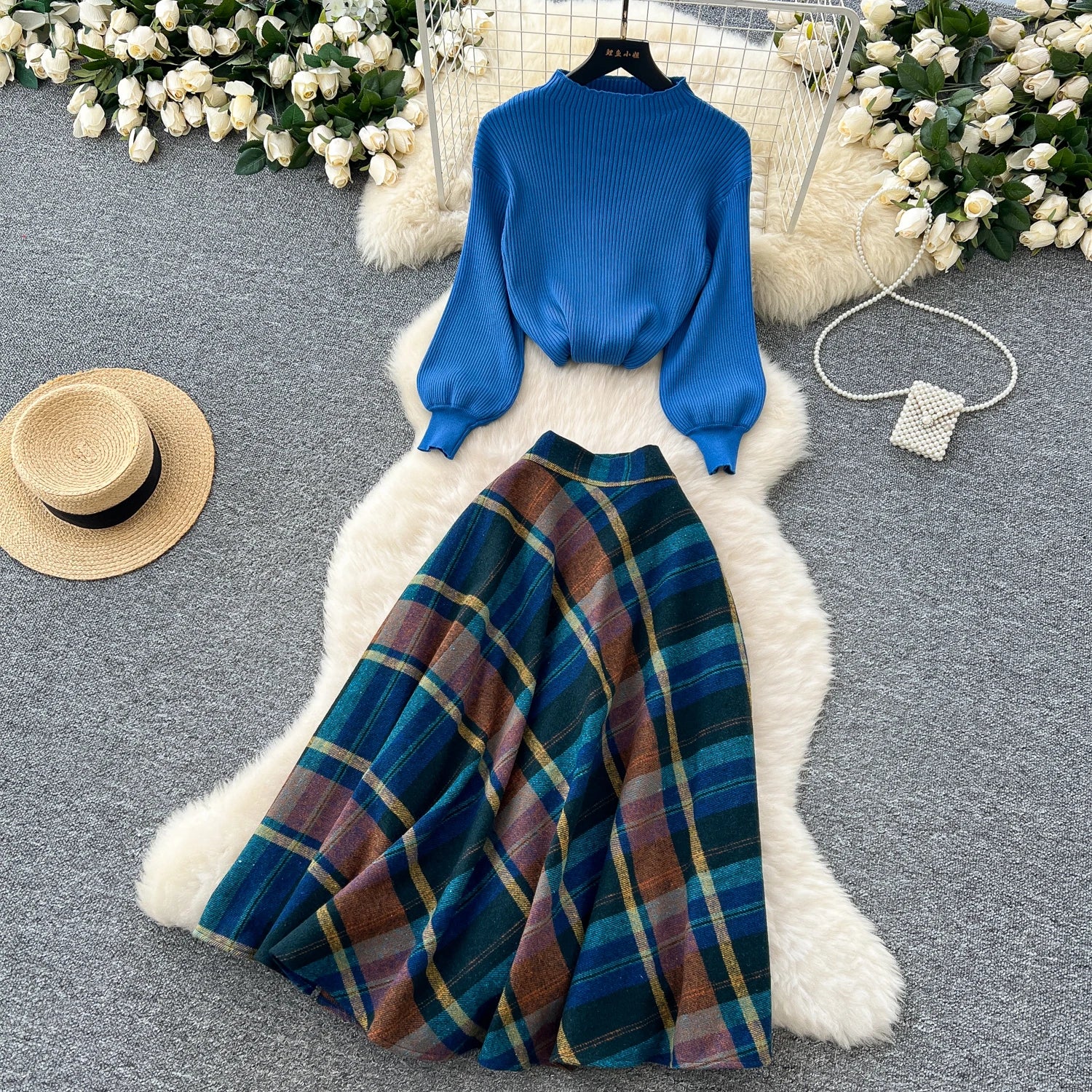 Knitted Two-Piece SetsLoose Pullovers+Plaid A Line Long Skirt High Casual Suits