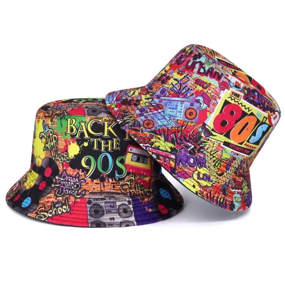 80's 90's Print Sun Protection Bucket Hats Fisherman Cap Hip Hop Panama Hat Bob Sun Caps