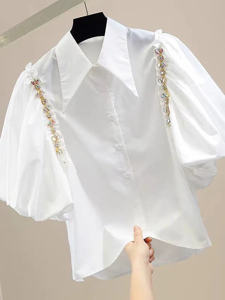 Puff Sleeve Diamond Irregular Single Breasted Shirt Top