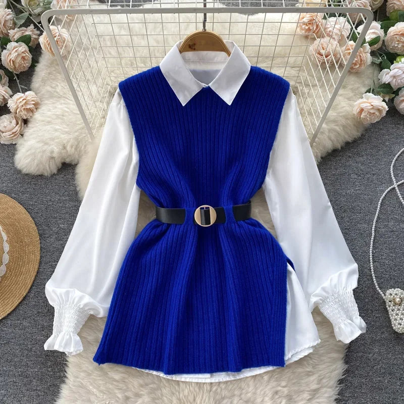 Luxury Style Loose-fit Long Sleeve White Shirt Side Slit Knit Vest 2-piece Set